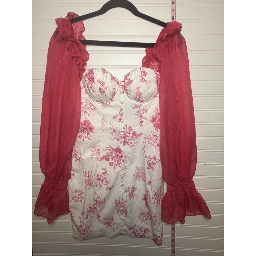 Banjul Floral Mini Dress Pink White Sheer Puff Sleeve Bustier Size M NEW
